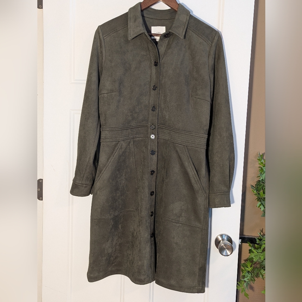 A Loves A Suede-Look Olive Midi Shirt Dress. Size Large. Office. Travel.